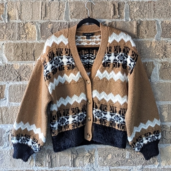 Ann Taylor Fair Isle Boyfriend Cardigan Small Camel Tan Black White Fuzzy - Picture 1 of 11